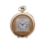 Late 19th Century Continental lady's yellow metal fob watch, white Roman dial with blue numerals,