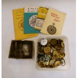 Large selection of pocket watch parts including movements, dials, dial glasses, and literature