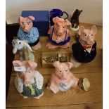 Five Wade Nat West pig money banks, together with a Russian porcelain bear, Wade Baby Tortoises in