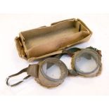 Pair of World War I vintage aviation goggles in a cardboard box, with inscription 'Bridport No: