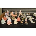 Collection of mainly Coalport porcelain figures, together with three Lladro geese etc