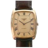 Longines - Gentleman's gold-plated wristwatch, the rounded rectangular Roman dial with date at 3,