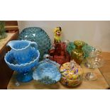Assorted glassware to include; Italian Murano glass clown, cranberry jug and sugar bowl, Babycham