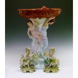 Large mid 20th Century Royal Dux figural centrepiece with cherubs supporting an oval bowl, 51cm high