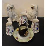 Assorted pottery to include; pair of comforter spaniels, graduated set of three relief-moulded