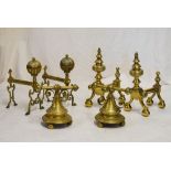 Three pairs of brass fire dogs, fire guards etc