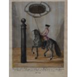 Pair of French/German coloured equestrian prints, 19cm x 13cm, framed and glazed