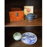 Reproduction Zisha Chujianfei blue stoneware tea pot in presentation box, together with a transfer