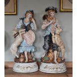 Pair of large Capodimonte figural lamps of shepherd and shepherdess on circular plinth, 74cm high