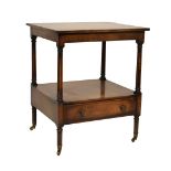 Reproduction mahogany two tier what-not fitted one drawer, 50.5cm wide