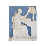 Cantigalli rectangular relief pottery plaque depicting a monk scribing a manuscript, the reverse