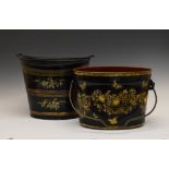 19th Century oval Toleware bucket having hand painted decoration of flowers and three brass bands,