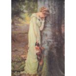 Reproduction print of a lady in love by a tree, one other print and a frame