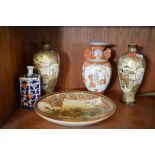 Pair of finely decorated satsuma pottery vases decorated with Geisha, one other Japanese vase, a