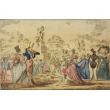 19th Century coloured engraving - Caricature of society in a park setting, 10cm x 15cm, in maple