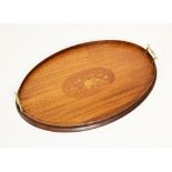 Edwardian mahogany and string inlaid oval two handled tea tray fitted brass handles, 59cm wide