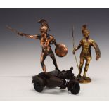 Two bronze finish Gladiators and a cast metal motorbike and sidecar, the warriors standing