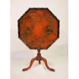 Early 20th Century red lacquer octagonal tray top tripod tea table, the top decorated with