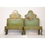 Pair of early 20th Century green japanned single bedsteads, together with a matching triptych mirror
