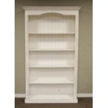 Distressed painted pine open bookcase fitted four shelves, 118cm wide x 206cm high x 33cm deep