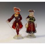 Pair of Italian Murano glass figures in 18th Century costume, the lady 22cm high (2)