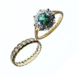 Yellow metal, emerald and diamond cluster ring, stamped 18ct, size I½, together with a yellow