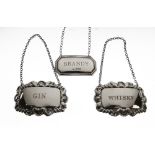Three modern silver spirit labels for Brandy, Whisky and Gin, the latter two a pair, 1.1toz gross