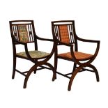 Pair of Edwardian mahogany and string inlaid X-frame elbow chairs, having upholstered seat and back