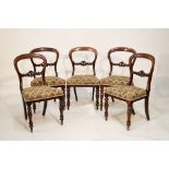 Set of five Victorian walnut framed buckle back dining chairs having stuff-over seats