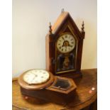 American walnut lancet shaped alarm mantel clock, together with a 20th Century stained beech drop-