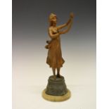 Patinated spelter figure of a lyre playing female, on socle marked 30 Agosto 1890-1915, on