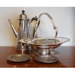 Queen Anne style silver plated coffee pot, a silver plated cake basket, two pewter dishes