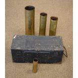 Group of World War II trench art ammunition shells, together with metal Military ammunition chest