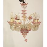 Venetian six branch pink, clear and gilt glass chandelier, 44cm high