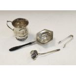 George VI silver Christening mug of bulbous form, Birmingham 1939, wooden-handled straining ladle of