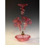 Victorian cranberry five-branch epergne, 51cm high