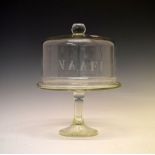 N.A.A.F.I. etched glass cake dome cover, and associated stand, the dome 22.5cm wide