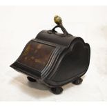 Victorian painted metal coal box having hinged cover with applied transfer print of a seated