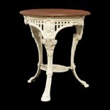 Cast iron pub table having mask head supports with floral cast under tier, 61cm diameter