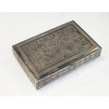 Middle Eastern white metal table box, the hinged rectangular cover decorated with figures, 15cm