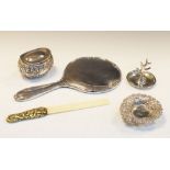 Assorted silver items to include; pierced repoussé bon bon dish, ring tree, lidded oval pit, hand