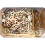 Assorted costume and other jewellery to include; cameo brooch, bead necklaces, pince-nez, early 20th