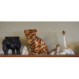 Large pottery tiger cub, two Russian porcelain figures of a tiger and leopard cub etc