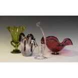 Continental green glass two-handled vase and three pieces of freeform glass