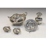 Group of small silver items comprising Edward VII two-handled sugar basin of four-lobed form on four