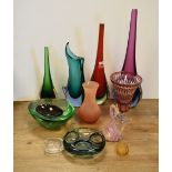 Quantity of freeform studio glass, a Venetian glass swan etc