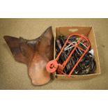 Horse tack - Leather saddle, saddle wall rack, various bridles and other tack