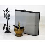 Modern black spark guard, 76cm wide, a copper coal bucket and a wrought metal companion set