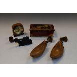 Assorted collectables to include; pair of wooden shoe lasts, carved wooden camel pen-stand,