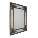 Ornate rectangular bevelled glass silvered finish mirror having bevelled glass border, 90cm x